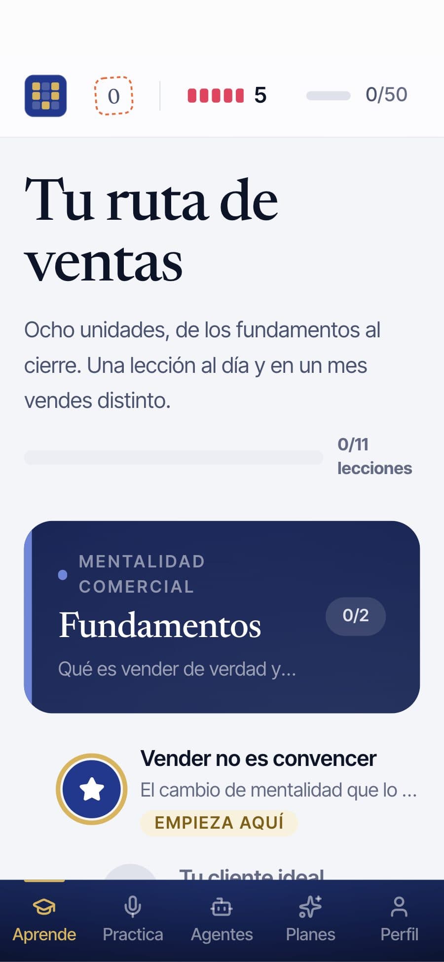 La ruta de ventas en el teléfono: la unidad Fundamentos y la primera lección, «Vender no es convencer», marcada para empezar.